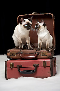 站立着手提箱和眼镜的暹罗小猫