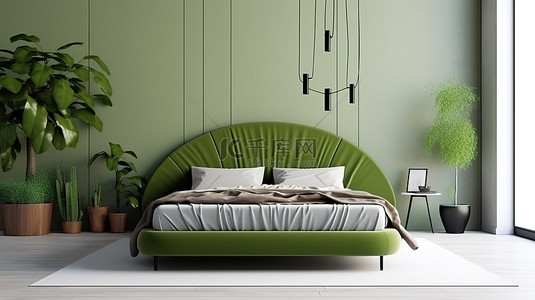 简约现代卧室背景图片_简约现代卧室室内 3D 渲染中的绿色床