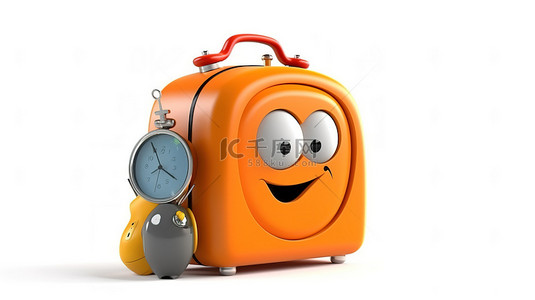 商务卡通背景图片_3D 渲染的吉祥物在白色背景下拿着橙色旅行箱