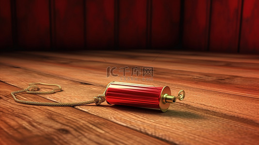 由金色金属制成的老式教练哨子挂在红绳上，背景是 3D 渲染的木板