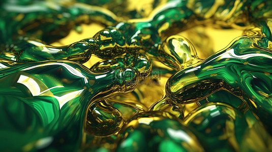 流光溢彩球背景图片_金色金属表面上闪闪发光的绿色液体，令人惊叹的 3D 插图