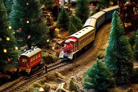 圣诞装饰品和由一组火车轨道制成的汽车位于一些小松树中间