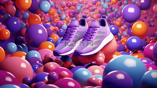 紫色背景 3D 渲染上健身装备和跑鞋周围的彩色球