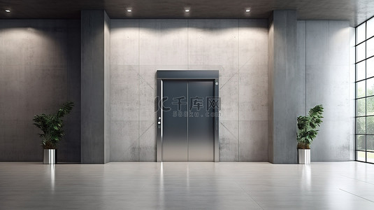 3D 渲染的混凝土墙上白色海报的模型，在空荡荡的商务中心走廊上有一台现代电梯，从前面看