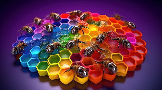 彩色蜂窝图标与忙碌的蜜蜂的 3D 插图