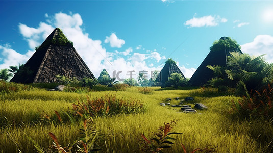 玛雅建筑背景图片_蓝天下郁郁葱葱的雨林和充满活力的绿草中雄伟金字塔的 3D 插图