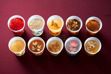塑料杯里有八种不同类型的茶