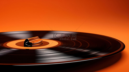 3D 黑胶唱片在充满活力的橙色背景下渲染