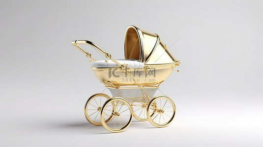 白色背景 3D 渲染的当代金奖杯奖和现代婴儿推车模型