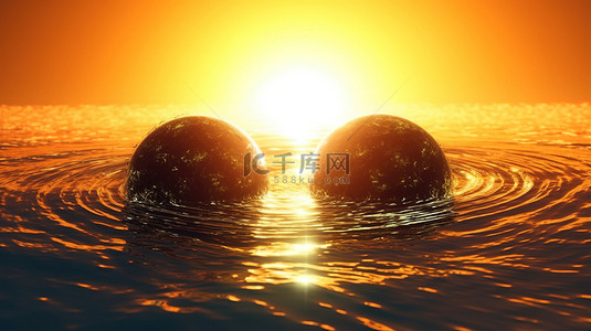 双太阳在令人惊叹的 3D 渲染中反射在双行星的海洋表面上