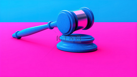 粉红色背景与双色调蓝色法官木槌和声音块 3D 渲染图像