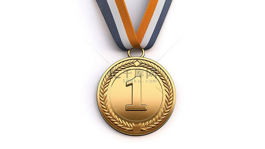 奖牌兑换券背景图片_3D 渲染的白色背景展示第一名奖牌，带有金色饰面和丝带