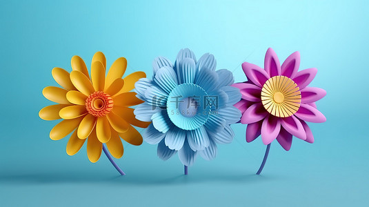 天蓝色背景中的各种 3D 花朵非常适合网页和横幅设计
