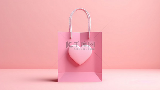 标签爱情背景图片_3D 渲染白色背景，带有粉红色纸购物袋和附在绳子上的白色心形标签