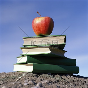 一堆书上的一个苹果