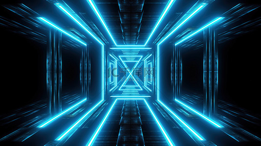 令人惊叹的蓝色隧道的辐射 3D 插图，具有对称的十字形状和光滑的霓虹灯亮点