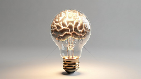 在白色背景上照亮的 3d 渲染中的脑形灯泡