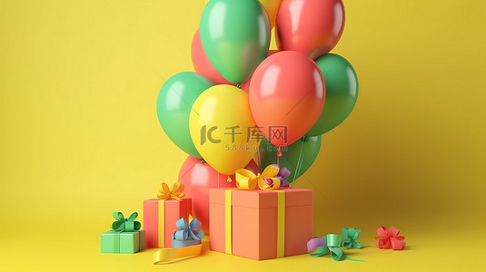 带着气球礼物盒背景图片_黄色背景装饰着逼真的珊瑚绿和黄色气球的 3D 渲染以及带蝴蝶结的礼品盒