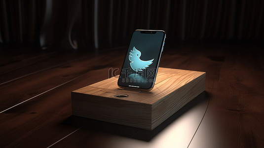 一张木桌，上面装饰着带有推特应用程序徽标的渲染智能手机