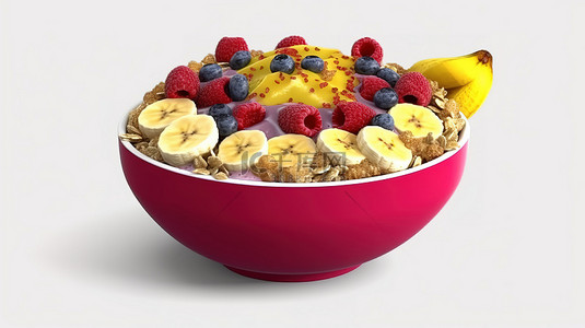 水果香蕉背景图片_特写 3D 渲染巴西莓碗，上面配有格兰诺拉麦片热带水果香蕉覆盆子炼乳和谷物