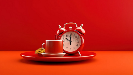 用咖啡唤醒咖啡杯的 3D 渲染概念，作为生动的红色背景下的闹钟