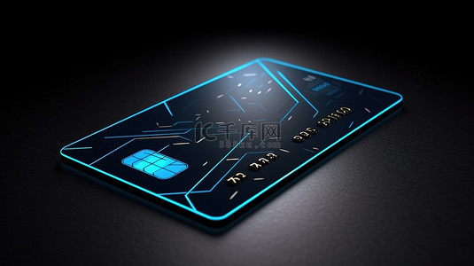 带有黑色混凝土背景模板的蓝色信用卡的 3D 插图