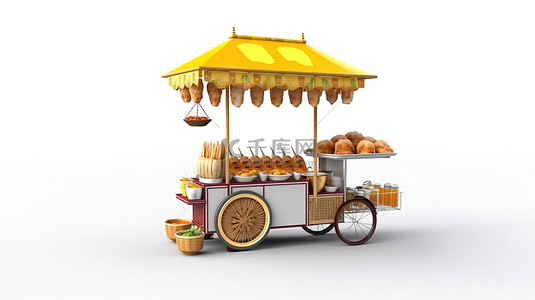 小吃街摊位背景图片_白色背景的 3D 渲染与亚洲金色街头食品肉丸面条车和椅子