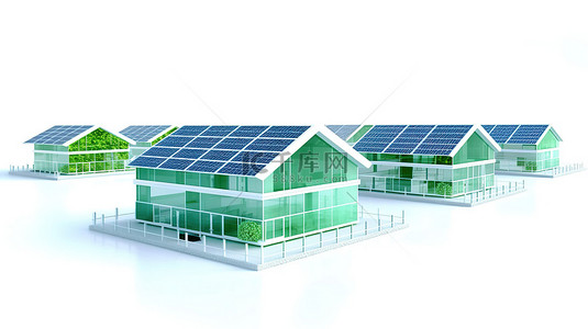 白色社区中温室中蓝色太阳能电池板的 3D 渲染