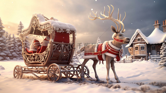 鹿卡通背景图片_圣诞老人驯鹿和雪橇礼物的节日交付 3D 渲染