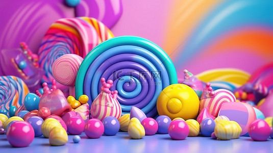 充满活力的糖果仙境紫色背景上彩色糖果的 3D 插图