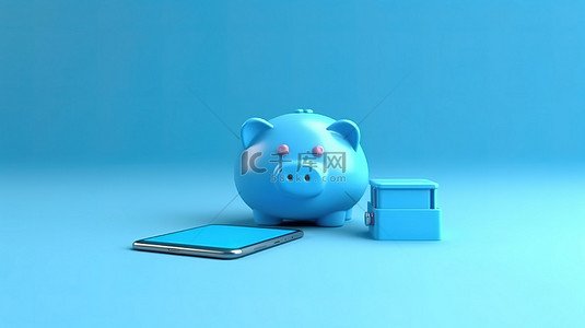 3D 渲染智能手机和蓝色存钱罐相互作用的商业概念