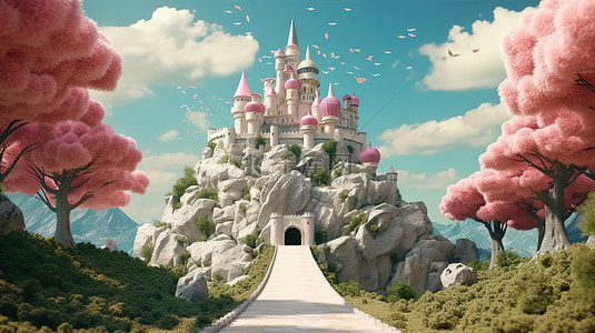 一座中世纪堡垒，位于青翠的山顶上，周围环绕着茂密的树叶，装饰着富丽堂皇的粉红色王冠，令人惊叹的 3D 渲染