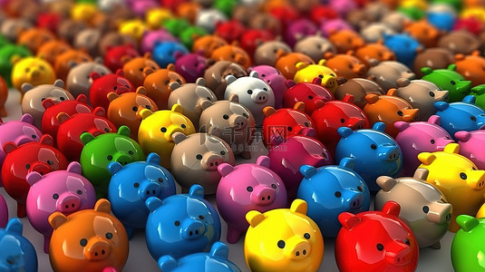 各种存钱罐一组充满活力的不同尺寸和颜色的小猪 3D 渲染