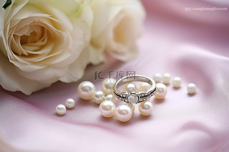 白色桌布上的一簇珍珠戒指和花朵