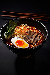 日本拉面汤配牛肉面和鸡蛋