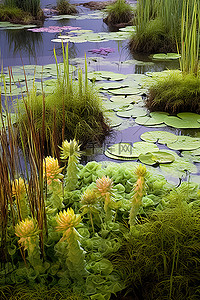 池塘花背景图片_陆地上有流动池塘的绿色森林
