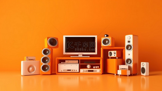 橙色背景下娱乐系统的 3D 渲染单色家具