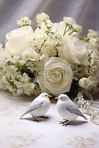 带白花羽毛和戒指的婚礼日卡
