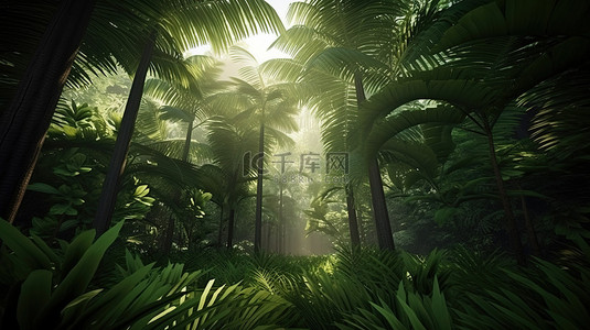 郁郁葱葱的南美森林 3D 渲染热带丛林，有绿色植物叶子和棕榈树
