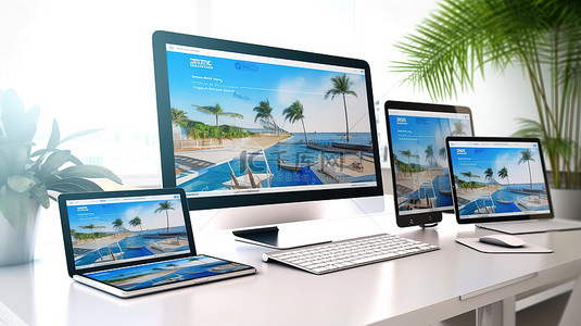 公司网页设计背景图片_高级旅行社的响应式网页设计 3D 渲染计算机和平板电脑