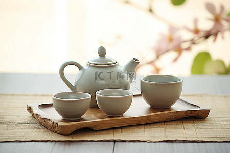 茶咖啡壶背景图片_木托盘上的咖啡壶茶杯和碗