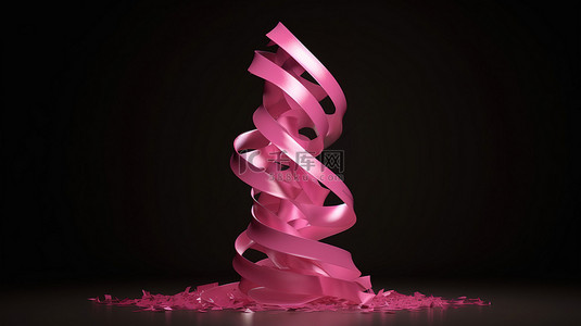 粉红丝带变成了喜庆的圣诞树 3d 渲染插图，带有星星和基座