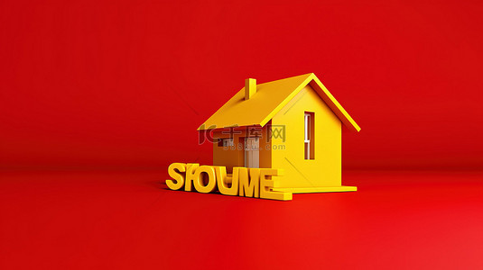 房屋安全背景图片_homebound 带有黄色文本和房屋图像的红色背景的 3D 渲染