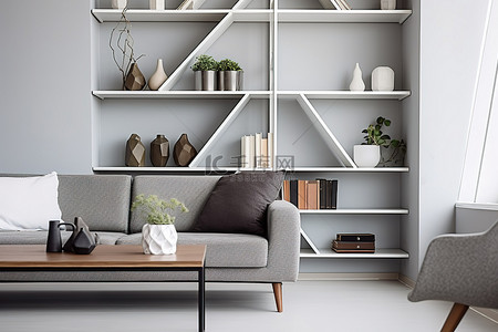 现代家具风格背景图片_客厅配有现代家具和白色架子