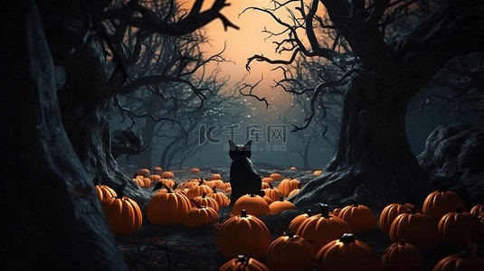 背景恐怖背景图片_用 3D 渲染的森林南瓜和一只黑猫设计一个恐怖的万圣节