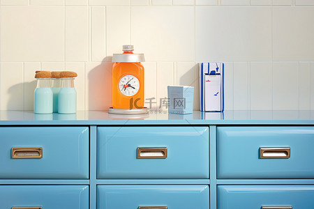 蓝色日历背景图片_闹钟和瓶子前面有一个蓝色抽屉和木架子