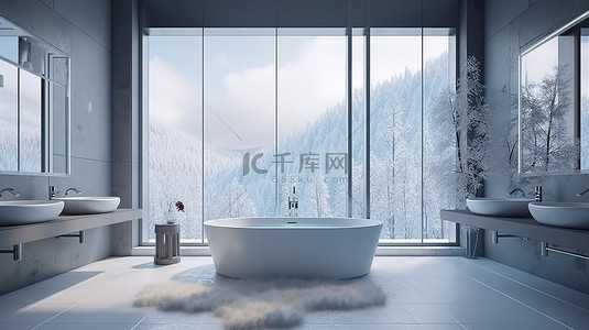 时尚的浴室，在 3D 渲染中享有风景秀丽的冬季景观