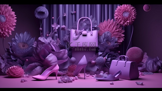 充满花朵的梦幻晚礼服袋子鞋子和化妆品在紫色的大海上漂流3D 渲染