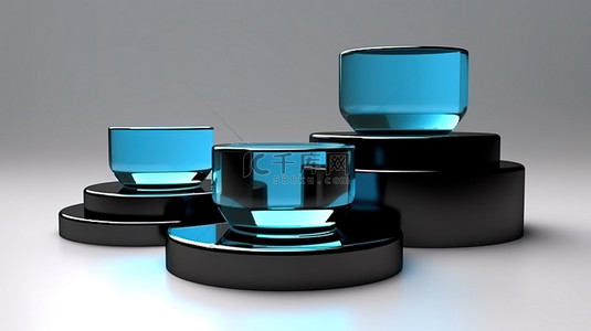 底座3d背景图片_时尚的黑色底座，带有蓝色玻璃装饰，用于在白色背景上展示产品或广告 3D 渲染
