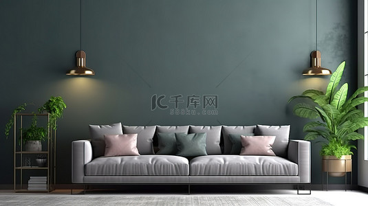 现代客厅配有灰色沙发和 3D 可视化深色墙壁